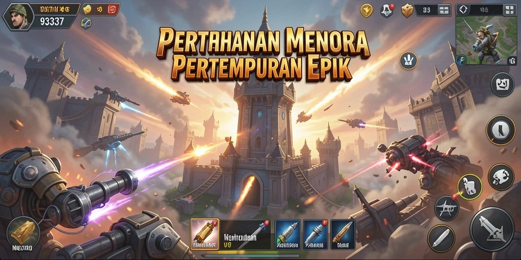 Tampilan gameplay 93337 dengan menara yang siap bertahan dari serbuan musuh.