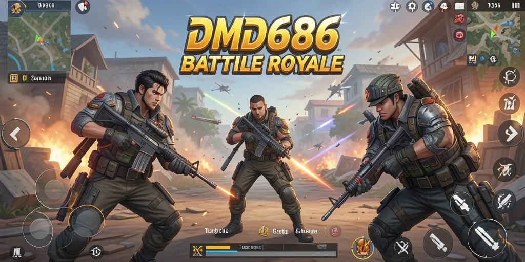 Tangkapan layar dari gameplay DMD686 menunjukkan aksi Battle Royale yang mendebarkan.