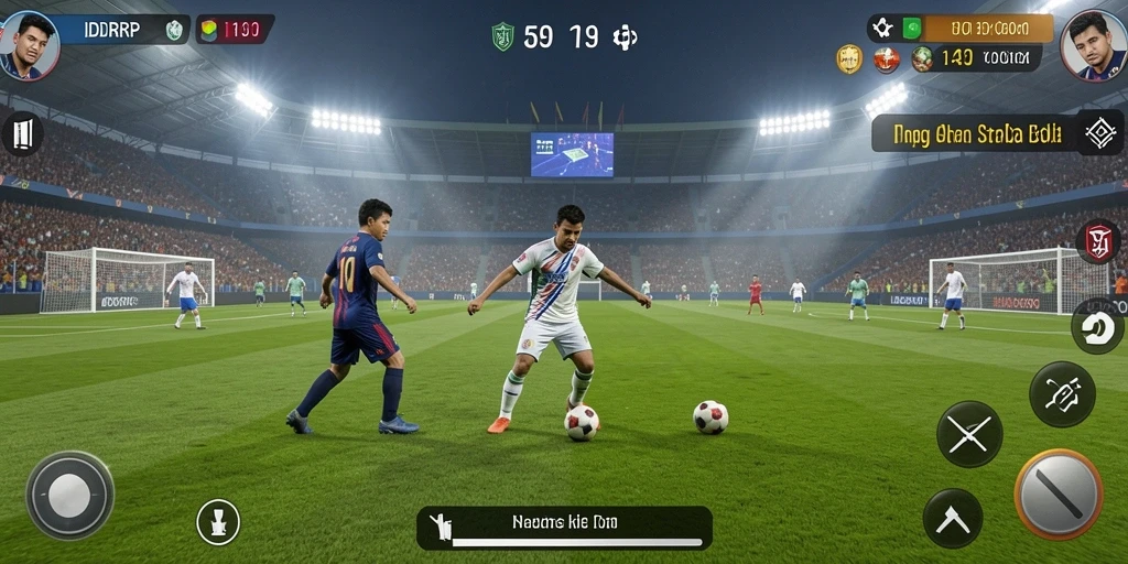 Screenshot gameplay IDRRP yang menunjukkan aksi mendebarkan di lapangan sepak bola.