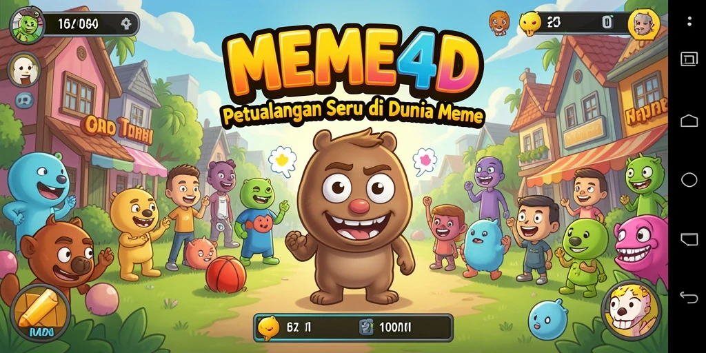 Screenshot utama MEME4D menampilkan gameplay seru dan karakter meme.