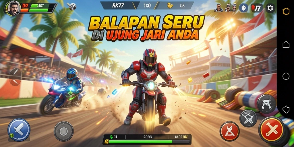 Tampilan gameplay RK77 yang intens dan menegangkan saat balapan.